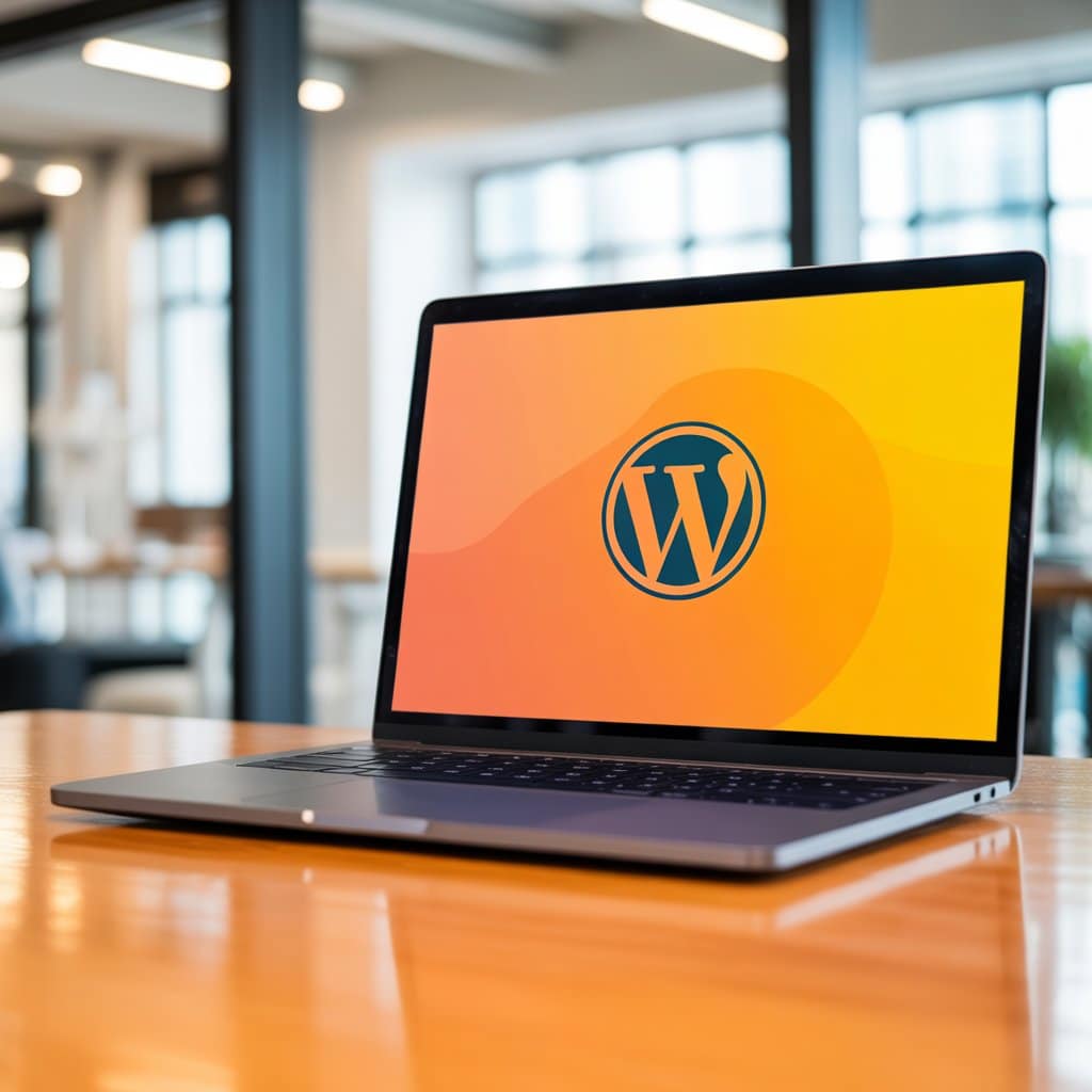 Ein Notebook mit einem WordPress-Logo, welches dafür steht, dass die Agentur WordPress-spezialisiert ist