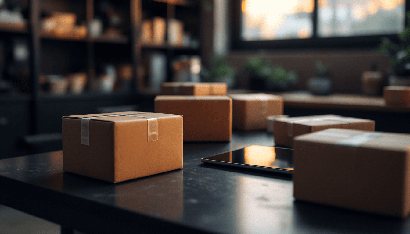 Versandvorbereitung im E-Commerce mit Paketen und Tablet