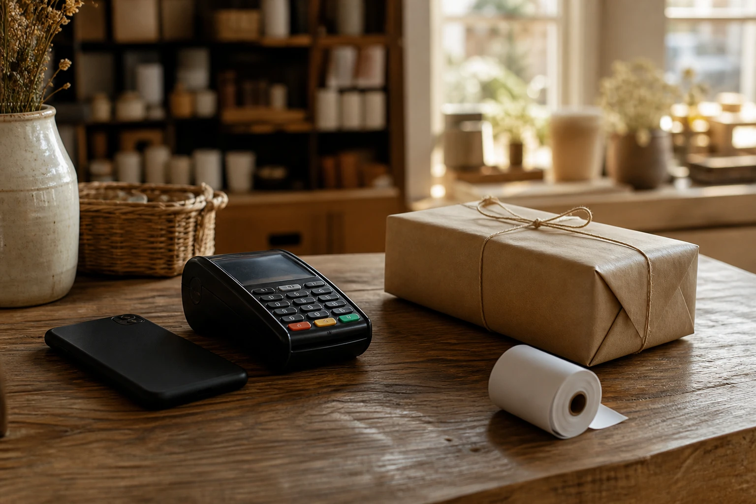 Ladentresen mit Kartenterminal, Smartphone und verpacktem Paket
