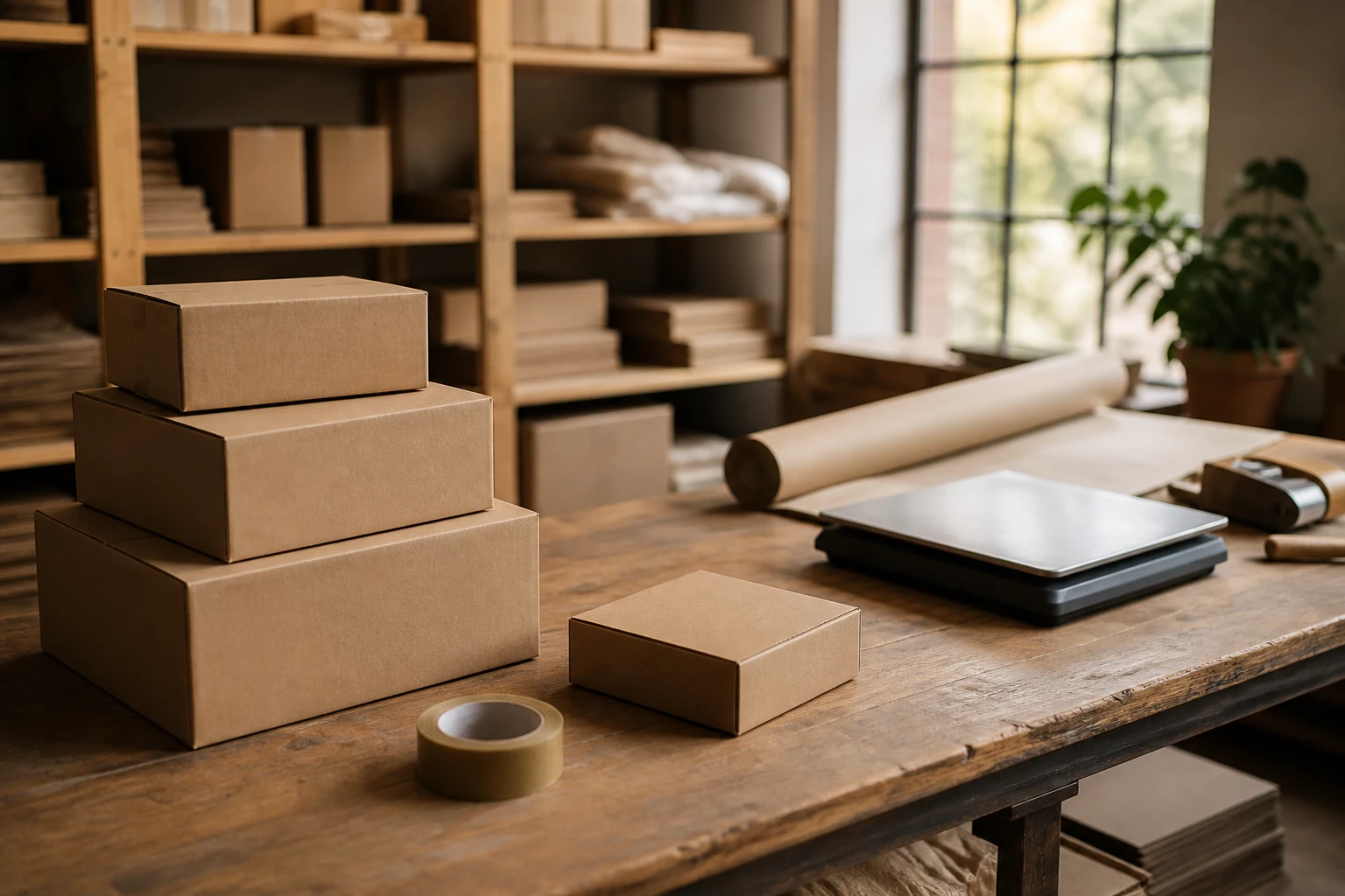 Packstation eines Onlineshops mit Kartons, Packpapier und Paketwaage