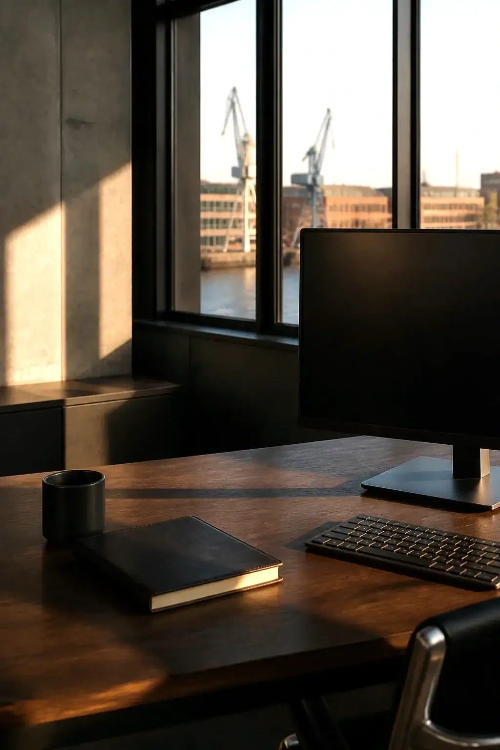 Dunkler Holzschreibtisch mit Monitor, Notizbuch und Tasse, im Fenster Hafenkräne am Wasser in Hamburg