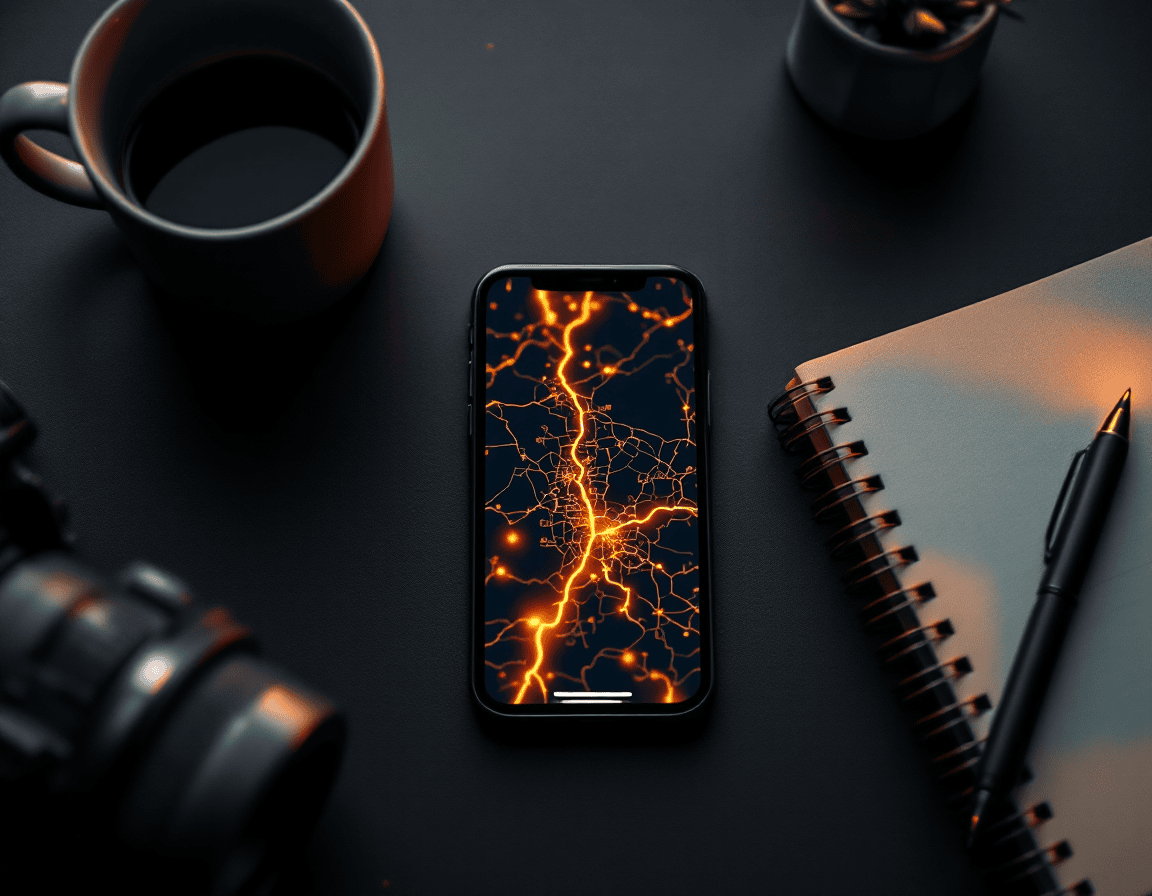 Smartphone mit Kartenansicht auf einem Schreibtisch