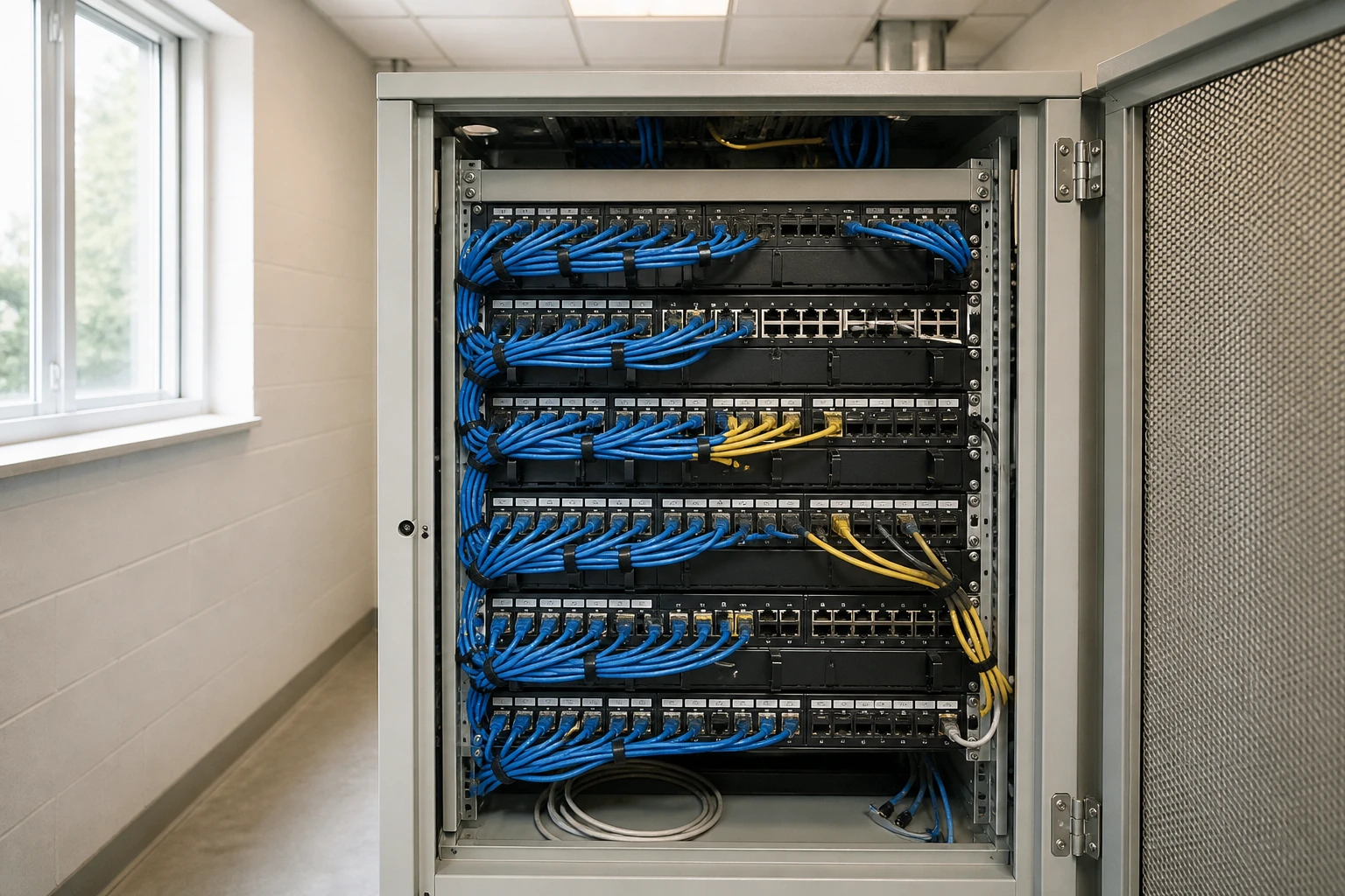 Patchfeld im Serverschrank als Sinnbild für den eigenen Tag-Server, über den die Messung serverseitig läuft