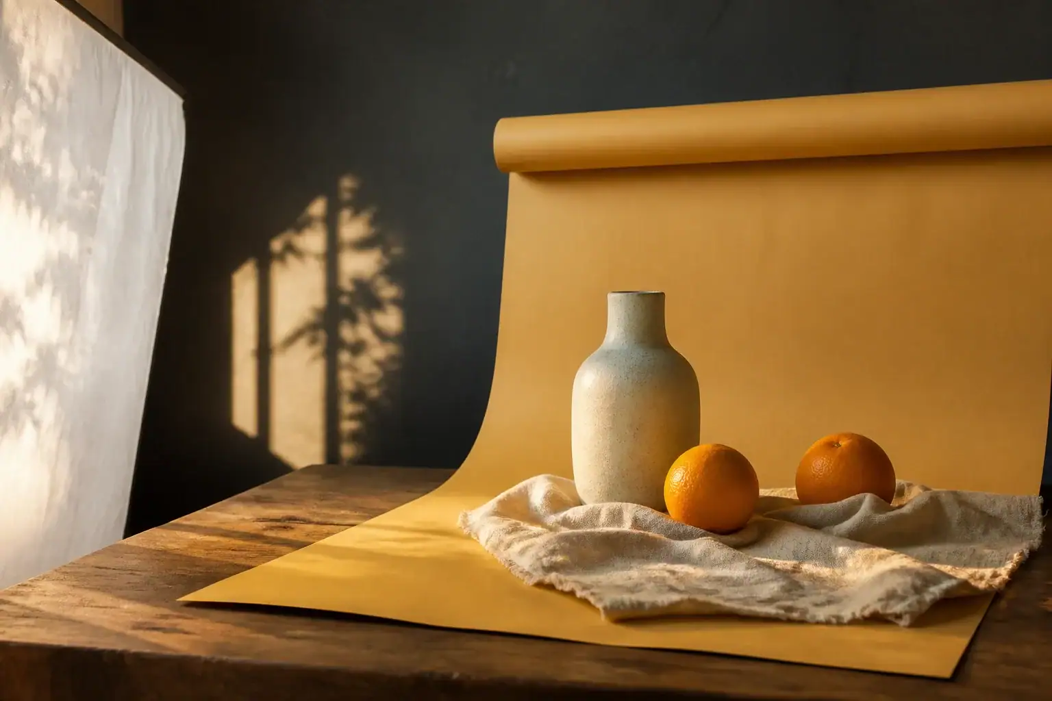 Aufbau fuer eine Fotoserie mit ockerfarbenem Hintergrundpapier und Requisiten auf einem Holztisch, als Sinnbild fuer Content Creation und Storytelling in Serie