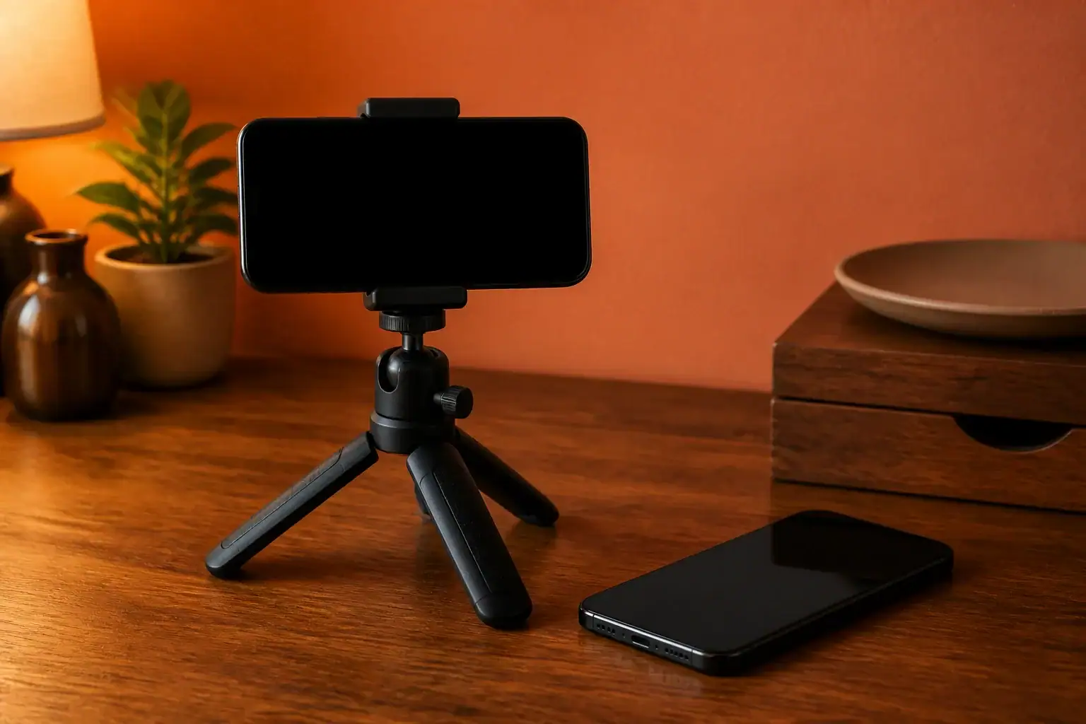 Smartphone auf einem Stativ neben einem zweiten Smartphone als Sinnbild für Influencer Marketing und Kooperationen
