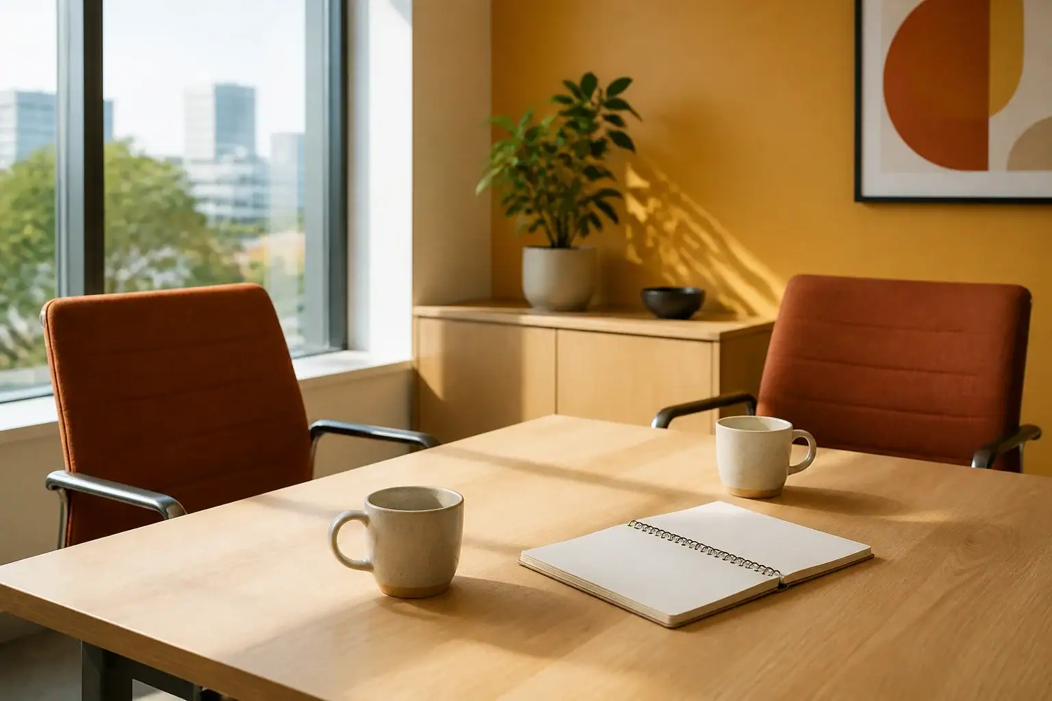 Zwei leere Stuehle an einem hellen Besprechungstisch am Fenster als Sinnbild fuer Social Recruiting und Employer Branding ueber soziale Medien