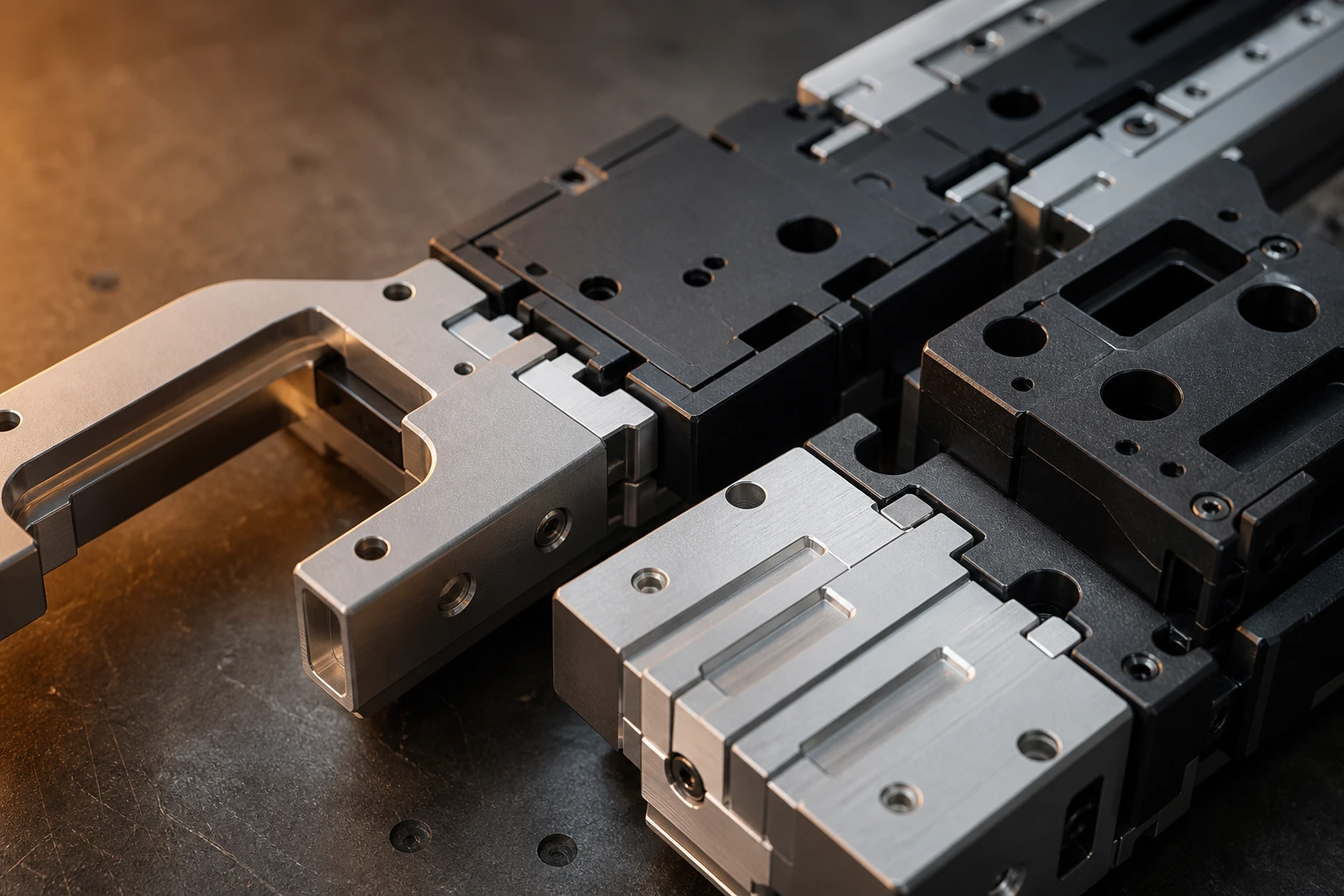 Ineinandergesteckte Modulbauteile aus Aluminium auf einer Werkbank als Sinnbild für den modularen Aufbau von Shopware 6