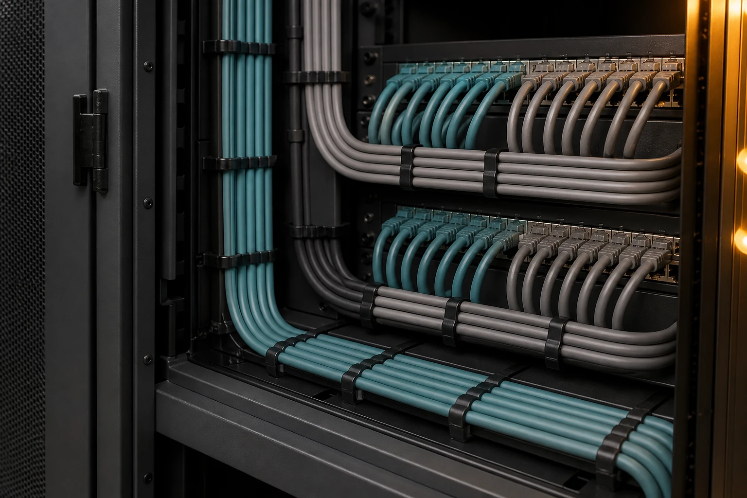 Sauber gebündelte Patchkabel in einem offenen Netzwerkschrank als Sinnbild für dokumentierte Systeme und übergebbare Zugänge beim Wechsel der Shopware Agentur