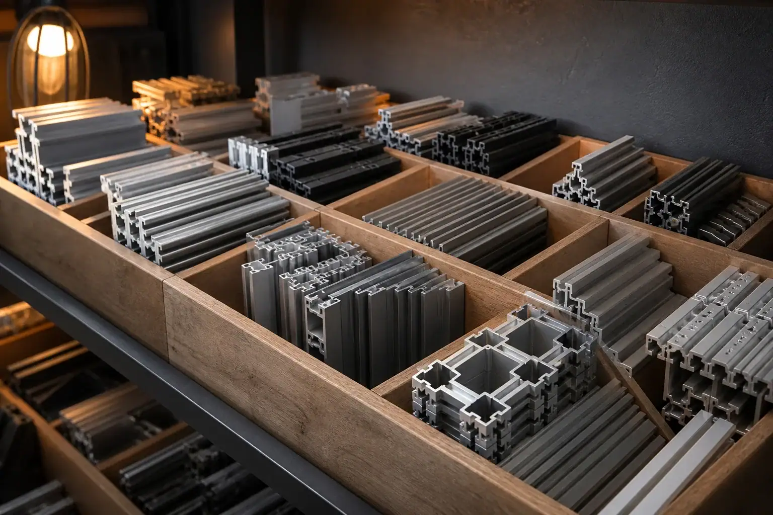 Sortierte modulare Aluminiumprofile in einem Werkstattregal als Sinnbild für individuelle Webentwicklung aus wiederverwendbaren Bausteinen