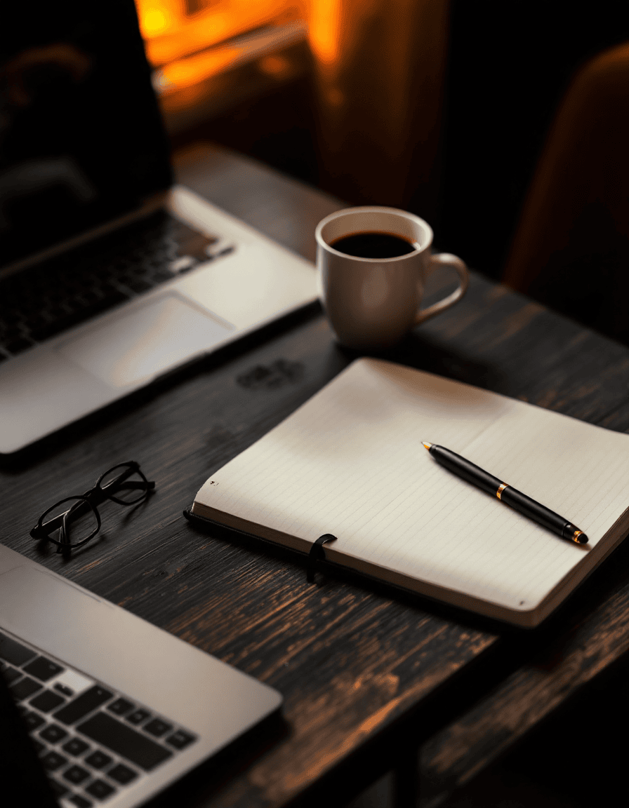 Notizbuch und Kaffee auf einem Tisch als Sinnbild für das Gespräch mit einer Agentur
