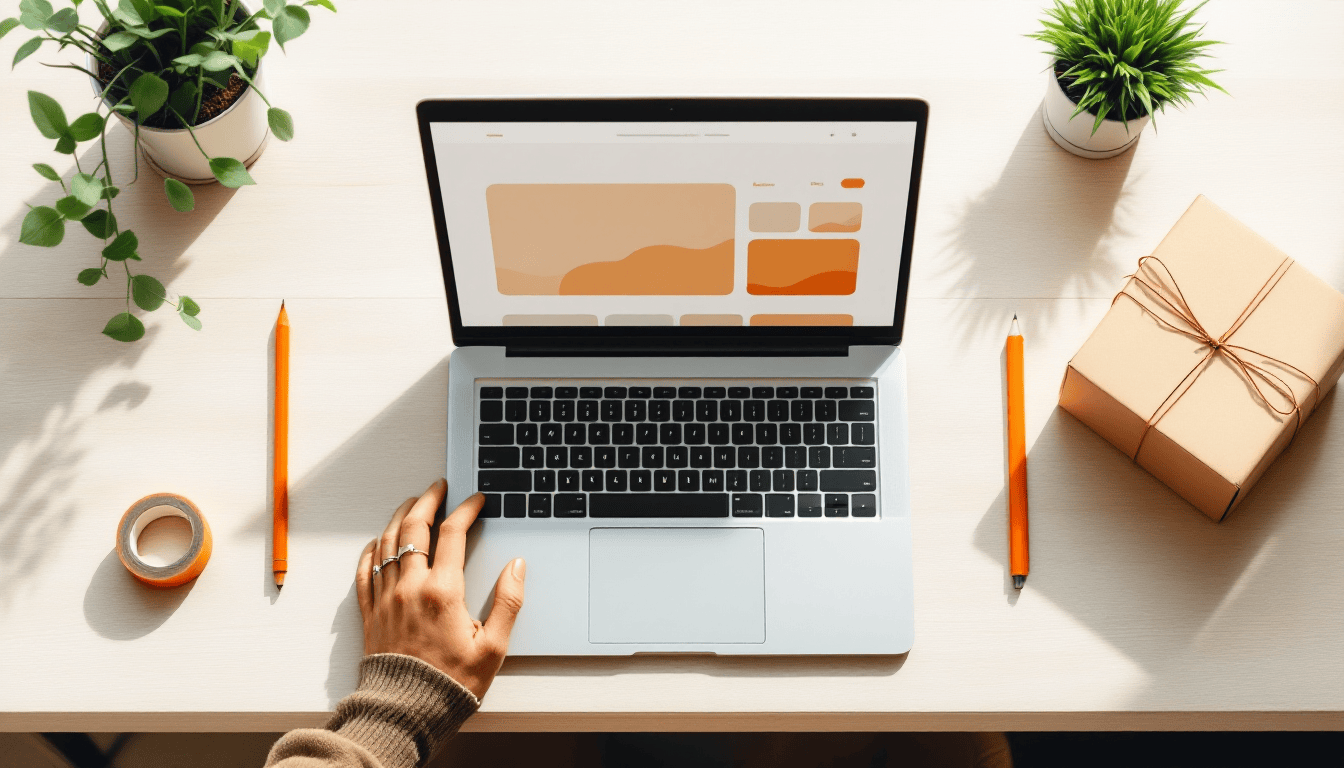 Laptop mit abstrahiertem Shop-Layout neben einem kleinen Versandkarton