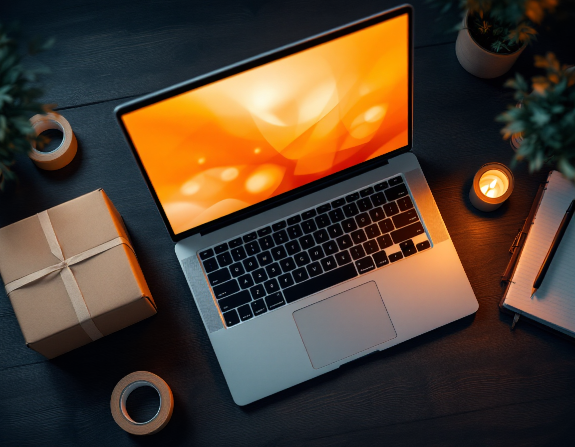 Laptop, Versandkarton und Notizbuch auf einem Schreibtisch, Alltag im Onlineshop