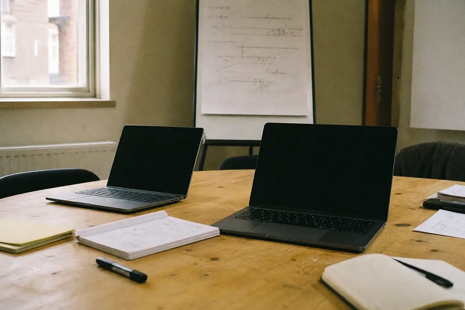 Besprechungsraum mit zwei aufgeklappten Laptops und einem Flipchart, vorbereitet für einen Online Marketing Workshop im eigenen Haus
